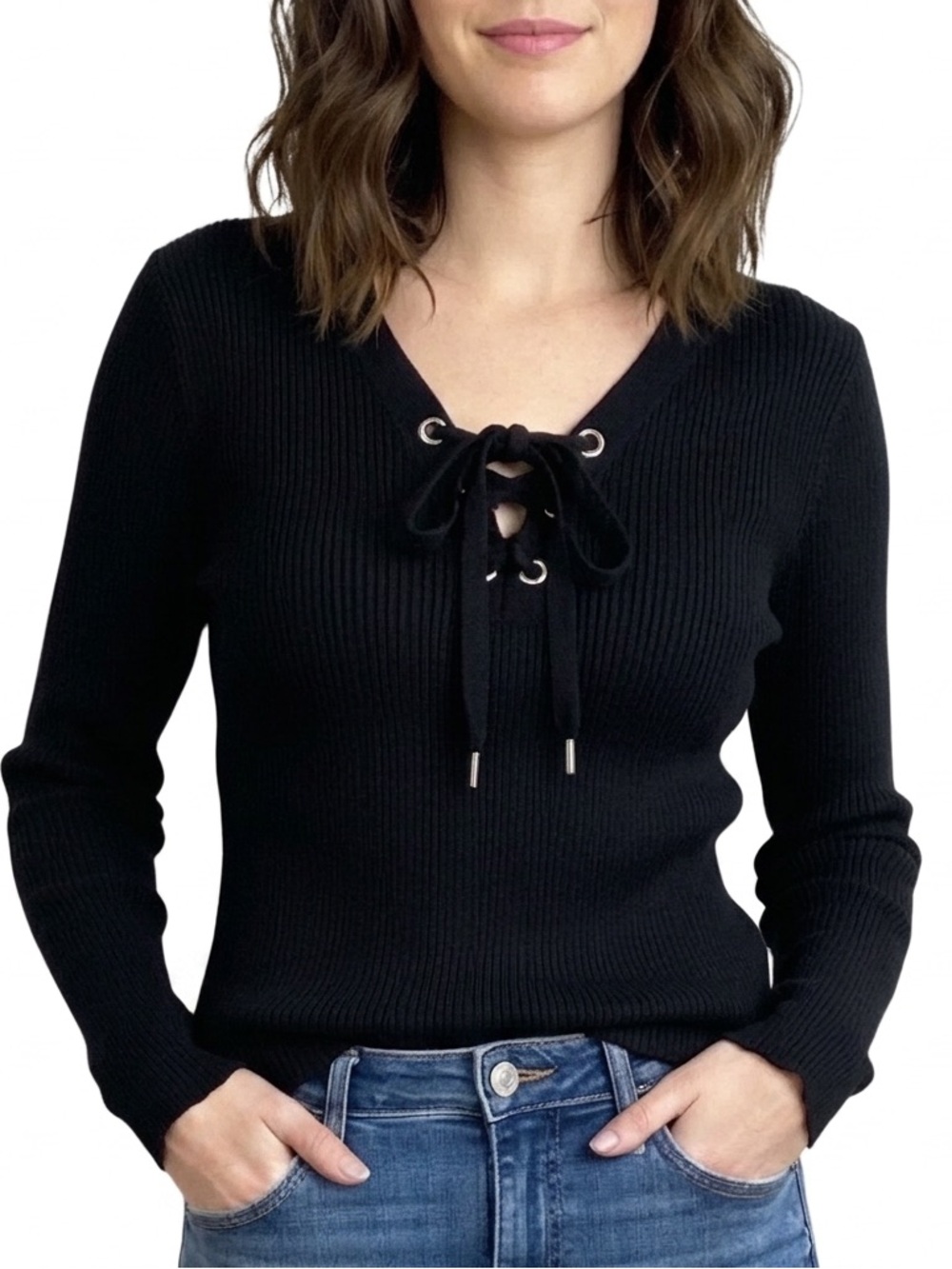 INC International Concepts Black Lace-Up V-Neck Sweater